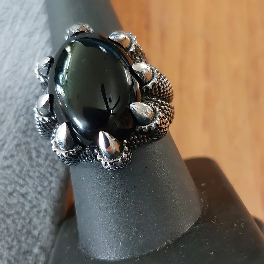 Sterling Silver Oxidized Eagle Claw Sz 9 Cabochon Ring 26mm H  23mm W